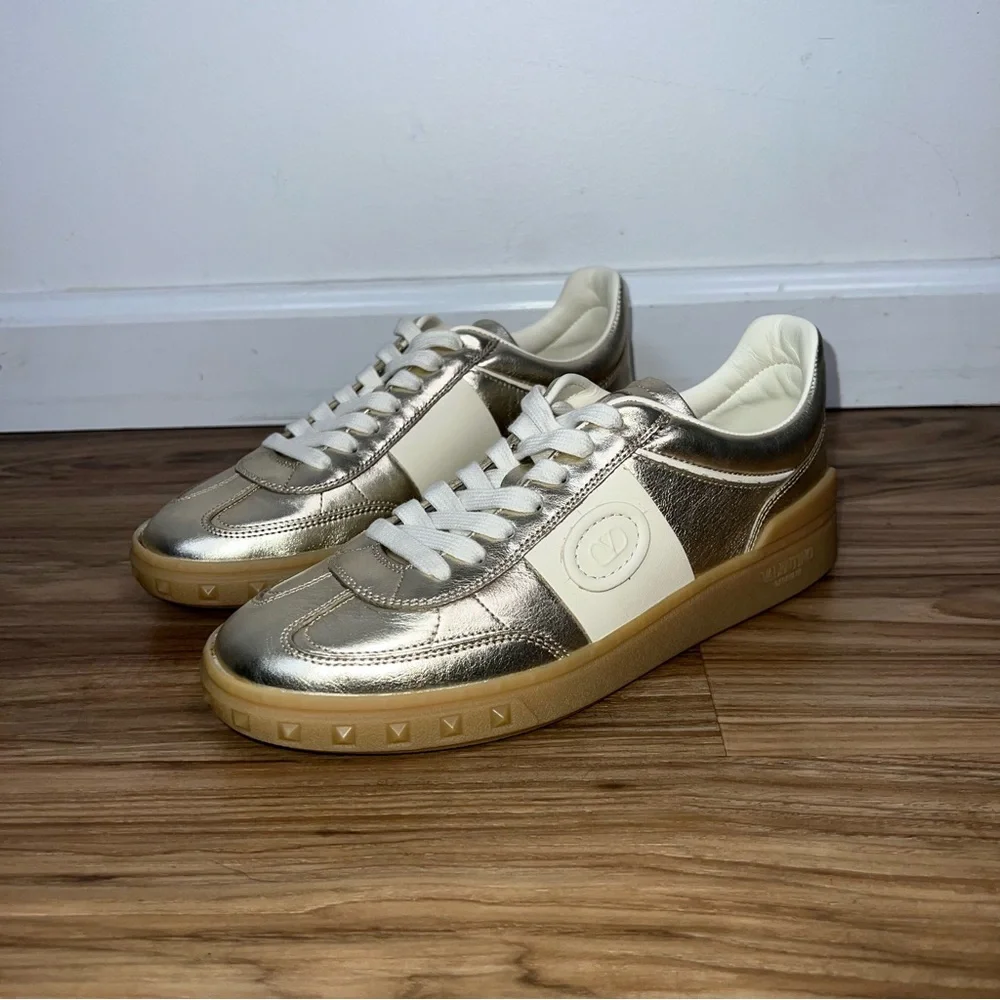 Valentino Garavani Women’s Upvillage Trainer Sneakers in Laminated Calfskin Gold